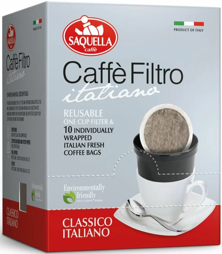 Saquella Caffé Filtro Classico Italiano Reusable One Cup Filter & 10 X Italian Coffee Bags 1 Saquella Caffé Filtro Classico Italiano Reusable One Cup Filter & 10 X Italian Coffee Bags